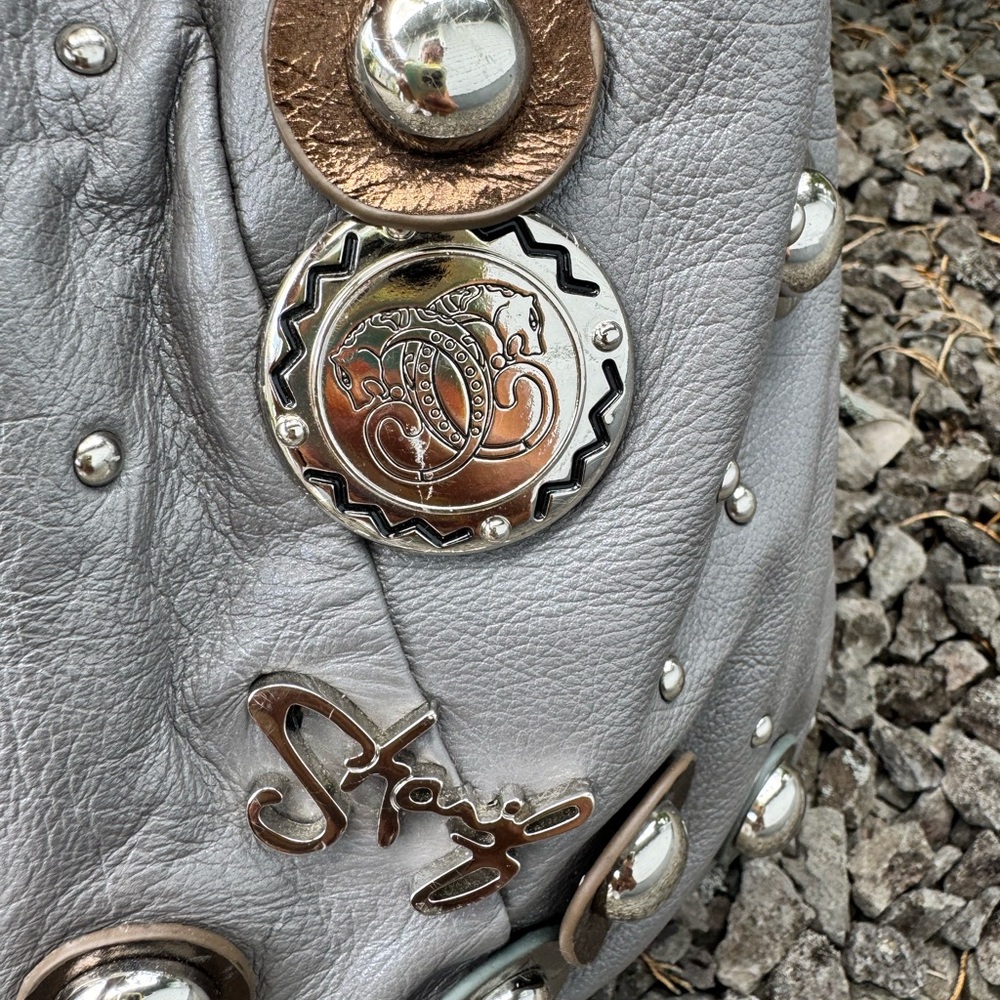 Sharif Gray Leather Studded Hobo Shoulder Bag with Chain Strap & Tassel - Picture 7 of 16